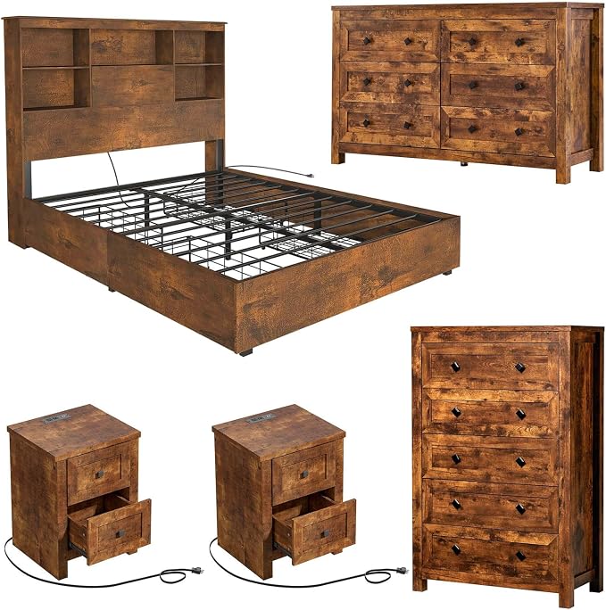 LUXOAK 5-Piece Bedroom Set, Queen Bed Frame with Headboard, 6 Drawer Dresser & 5 Drawer Chest, Nightstand Set of 2 with Charging Station, Farmhouse Bedroom Furniture, Rustic Brown