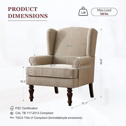 HUIMO Printed Wingback Accent Chair, Linen Upholstered High Back Armchair, Comfy Reading Chair for Living Room Bedroom Study, 300lbs Weight Capacity (2, Brown with Lines)