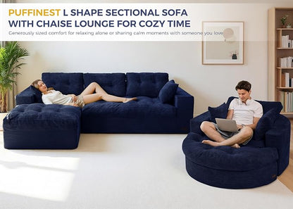 MAXYOYO L Shape Sectional Sofa Couch and Round Chaise Lounge, Modern Cloud Couch with Ottoman, Comfy Sofa with Layered Cushion, Tufted Upholstered Chair for Living Room, No Assembly Required