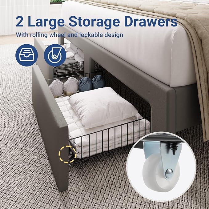 Allewie Full Bed Frame with 2-Tier Storage Headboard, Charging Station & LED Lights, Velvet Upholstered Platform Bed with 2 Drawers, Wingback Headboard, Gold Button Tufted, No Box Spring Needed, Grey