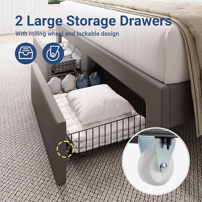 Allewie Full Bed Frame with 2-Tier Storage Headboard, Charging Station & LED Lights, Velvet Upholstered Platform Bed with 2 Drawers, Wingback Headboard, Gold Button Tufted, No Box Spring Needed, Grey