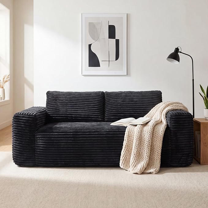 LIKIMIO Liorin Plush 71" Boneless Loveseat Sofa Black Corduroy No Assembly | 2 Seater | High-Density Foam | 25.6" Deep Seat | 17.3" High Seat | Sofa in a Box | Ideal for Apartment/Living room