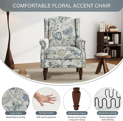 High Back Floral Accent Chairs Set of 2, Upholstered Armchair in Fabric, Retro Printed Wingback Arm Chair for Living Room, Nailhead Trim Single Sofa Bedroom Reading Seat - Plants Blue