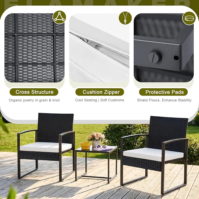 Flamaker 3 Pieces Patio Furniture Outdoor Wicker Modern Rattan Chair Conversation Sets with Coffee Table for Yard, Bistro(White)