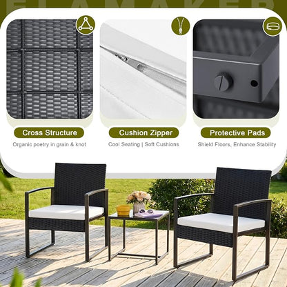 Flamaker 3 Pieces Patio Furniture Outdoor Wicker Modern Rattan Chair Conversation Sets with Coffee Table for Yard, Bistro(White)