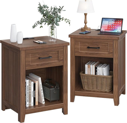 Decofy Farmhouse Nightstand with Charging Station & Large Storage, Set of 2 Modern End Tables with Outlets, USB Ports and Type-C Ports, Easy Assembly for Bedroom (Walnut)