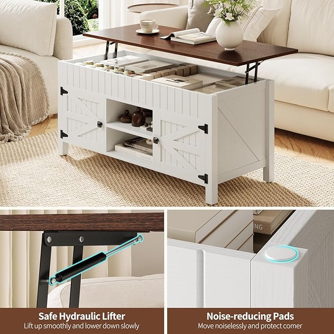47.3“ Lift Top Coffee Table with Storage - White Coffee Tables for Living Room, Farmhouse Wood Center Table, Large Rectangle Middle Tables with Hidden Compartment & Adjustable Shelf