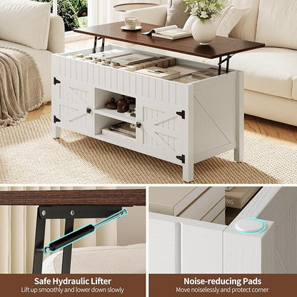 47.3“ Lift Top Coffee Table with Storage - White Coffee Tables for Living Room, Farmhouse Wood Center Table, Large Rectangle Middle Tables with Hidden Compartment & Adjustable Shelf