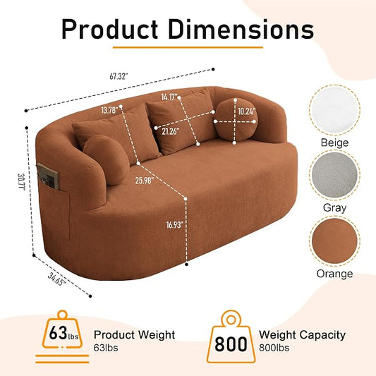 Loveseat Sofa for Small Space, 67.3" Boneless Love Seat Sofa with Side Pocket & 4 Pillows, Foam and Spring Filling, Soft Chenille for Living Room, Apartment, Bedroom, No Assembly