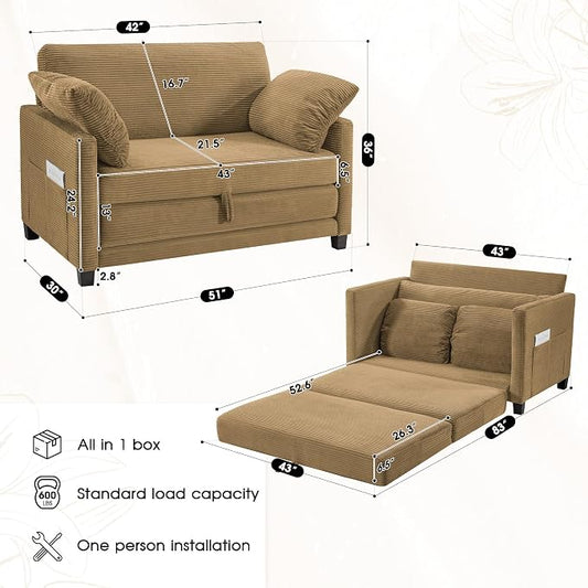 Myroyalsit 51" Convertible Loveseat Sofa Bed, 2-in-1 Folding Sofa Bed with 2 Pillow for Small Spaces, Modern Loveseat Sleeper Couch for Apartment, Living Room & Guest Room (Brown Corduroy, 51 inch)