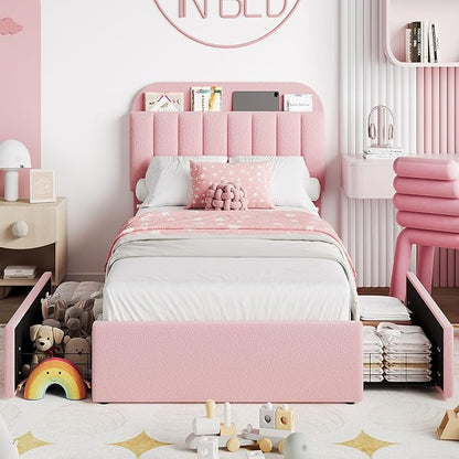 Garvee Twin Size Bed Frame with 2 Flexible Drawers, Boucle Upholstered Platform Bed Frame with Bookcase Headboard, Bedframe for Kids/Girls, Easy Assembly, No Box Spring Needed, Noise Free, Pink