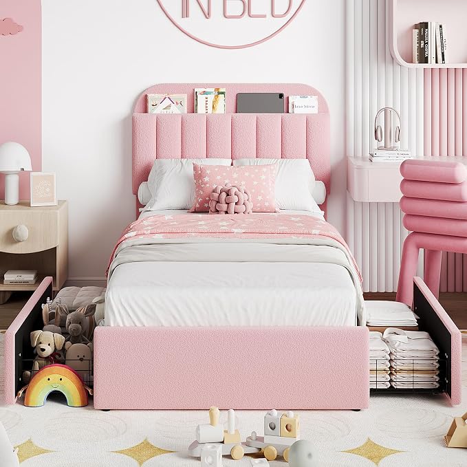 Garvee Twin XL Size Bed Frame with 2 Flexible Drawers, Boucle Upholstered Platform Bed Frame with Bookcase Headboard, Bedframe for Kids/Girls, Easy Assembly, No Box Spring Needed, Noise Free, Pink