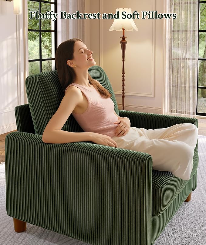 Welzona 35.3" Couches for Living Room, Comfy Green Couch Single with 22.5" Deeper Seat, Accent Chair Tool-Free Setup, Reading Chair 440lbs Support, Corduroy Couch for Bedroom, Apartment, Office