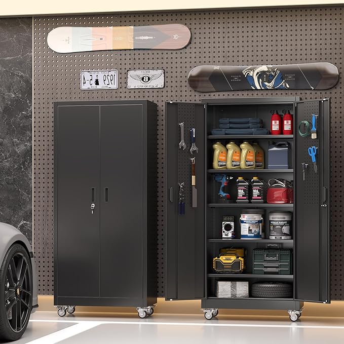 Metal Garage Storage Cabinet with Wheels, Lockable Steel Organizer with Pegboard Doors & 5 Adjustable Shelves for Garage, Warehouse, 71x32x16 Inches, Black, Assembly Required