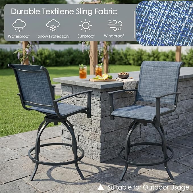 Kozyard Outdoor Swivel Bar Stools Set of 2, 360° Swivel Counter-Height Patio Bar Chairs with High Back, Powder-Coated Steel Frame & Textilene Fabric for Backyard, Balcony, Kitchen Island Navy Blue