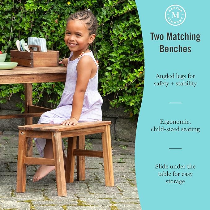 Martha Stewart Kids Outdoor Craft Table and 2 Bench Set: Acacia Wood Activity Desk w/Crate, Caddy, and Storage Shelves | Kids Play & Picnic Table w/Benches for Backyard, Patio, Outdoor Classrooms
