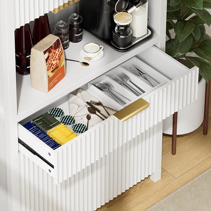 Lulive White Fluted Pantry Cabinet with Charging Station, Adjustable Shelves, Spacious Kitchen Storage Organizer with Open Countertop, Kitchen Hutch with Storage Drawers for Dining & Living Room | Adjustable Shelves, Open Countertop, Drawer, Spacious K...