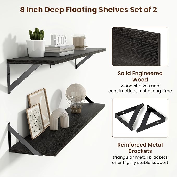 Axeman 36 Inch Floating Shelves | 8 Inch Deep Black Wall Shelves Set of 2 | 36''W x 8''D Rustic Black Wood Shelves for Bathroom Living Room Bedroom Kitchen