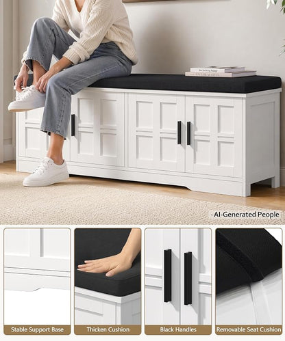 Akxomel Shoe Bench with Storage, 47.2" Entryway Bench with Padded Cushion, 2-Tier Shoe Cabinet Bench with Adjustable Shelves and 4 Cross Molding Doors, for Hallway, Living Room, Bedroom, White