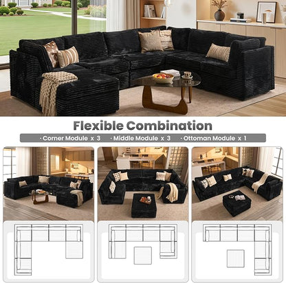 ovios Modular Sectional Sofa Couch with Sofa Bed U-Shape Chaise, Comfy Plush Corduroy Cloud Couches, Modern Luxury Deep Seat Sofas Set for Living Room, 7-Seater, Black