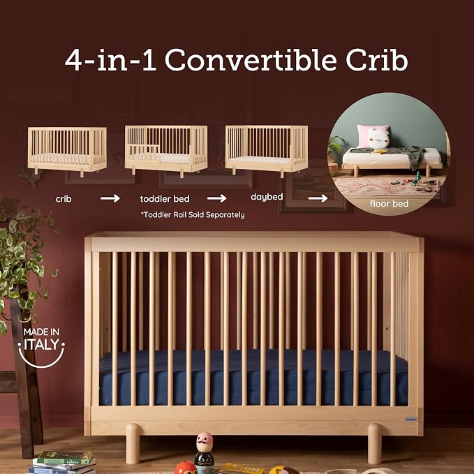 dadada Baby Bliss 4-in-1 Convertible Crib to Toddler Bed & Floor Bed – Made in Italy, GREENGUARD Gold Certified, Baby-Safe Finish, Sustainable Beechwood, Modern Design, 4 Adjustable Heights (Natural)