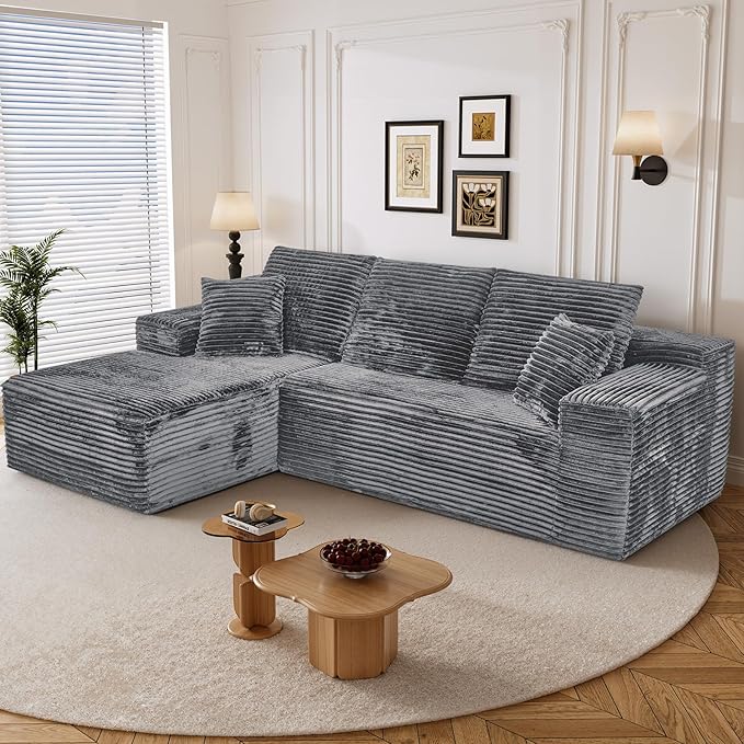 108" L Shaped Boneless Sectional Couches for Living Room, Comfy Corduroy Floor Cloud Sofa with Chaise, Wide Armrest, Deep Seat, Memory Foam, Assembly Free, Ideal for Small Spaces, Grey