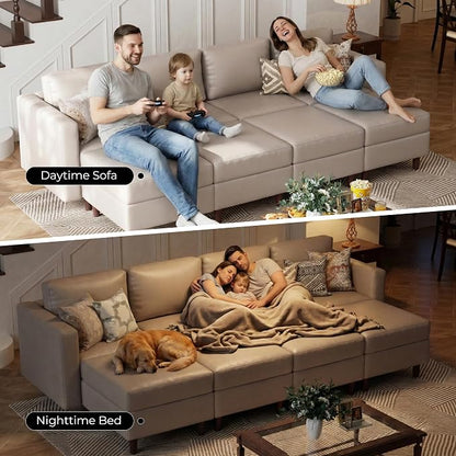 ABCASA 118.5" Faux Leather Luxury Modular Sleeper Sofa Bed with Storage Seat, 8 Seat Sectional Couch Deep Seat with Reversible Chaises & Removable Cover - Whitesand