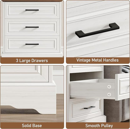 Akxomel Farmhouse Nightstand with Charging Station, 22" Wide Bedside Table with 3 Large Drawers & Bar Handles, Side End Table with Stable Support Base, for Bedroom, Off White