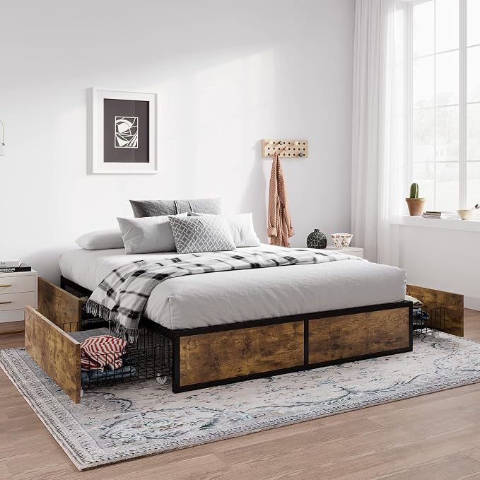 SHA CERLIN Queen Platform Bed Frame with Storage Drawers, Sturdy Metal and Wood Construction, Modern Design, No Box Spring Needed, Easy Assembly