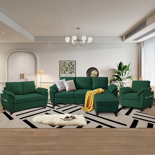 4 Piece Convertible Sectional Sofa Set, Modern Linen Small L Shaped Couch with Reversible Chaise, 3-Seater Sofa & Loveseat & Armchair for Living Room, Office, Apartment, Green
