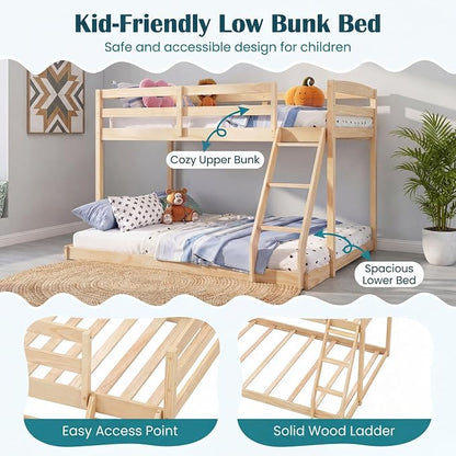 KOMFOTT Low Bunk Bed Twin Over Full, Solid Wood Twin Bed Frame with Built-in Ladder & Safety Guardrails, Space-Saving Low Bunk Bed for Kids, Teens, No Box Spring Needed (Low Twin Over Full,Natural)