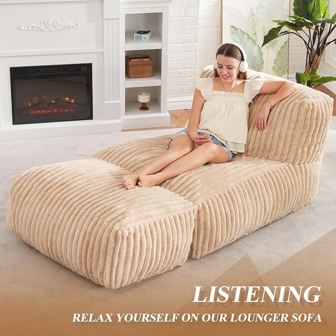 Hobestluk Giant Memory Foam Bean Bag Chairs Sofa for Adults (Khaki,Large) | Soft Fabric,Ergonomic Back Support,Lightweight,Easy Clean,No Assembly,Wear-resisting,For Livingroom Guest room,Well-looking