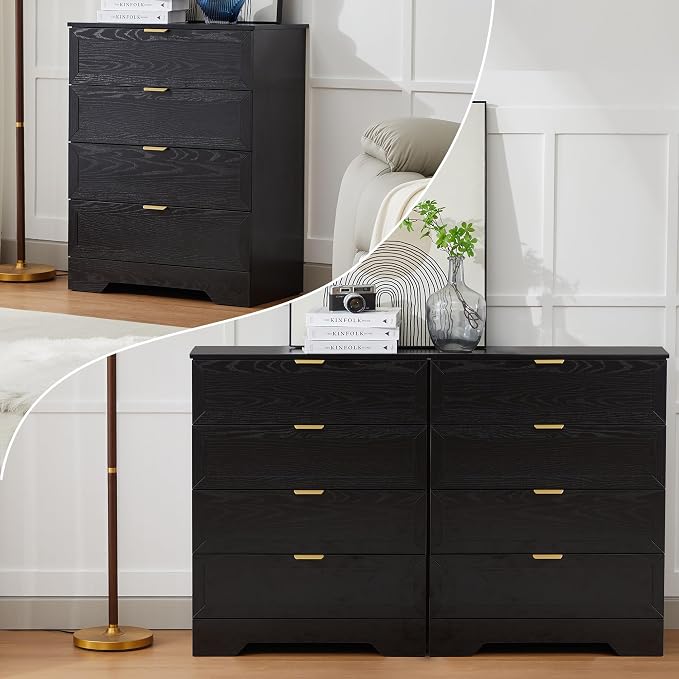 4 Drawers Dresser, Wooden Dresser for Bedroom with Large Drawer and Gold Handles Storage Chest Cabinet Organizer Living Room Closet Hallway, Black