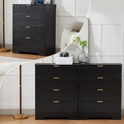4 Drawers Dresser, Wooden Dresser for Bedroom with Large Drawer and Gold Handles Storage Chest Cabinet Organizer Living Room Closet Hallway, Black