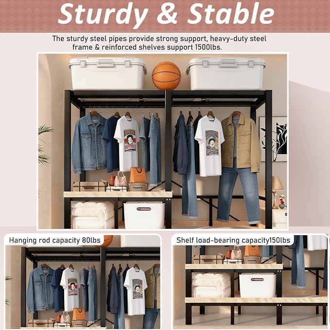 Heavy Duty Clothes Rack with Cover & Magnetic Doors, 1500lb Portable Wardrobe Closet - Foldable Garment Rack for Bedroom, Large Storage for Hanginng Dresses Jackets (Blue, 70.8IN)