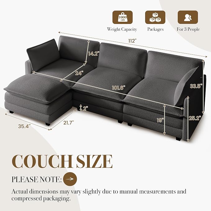ROWHY 112'' Sectional Cloud Couch with Movable Ottoman, 4 Seat Modern Chenille Modular Sofa with 2 Throw Pillows, Deep Seat L Shaped Couch for Living Room Bedroom Apartment, Dark Grey | Sturdy Frame