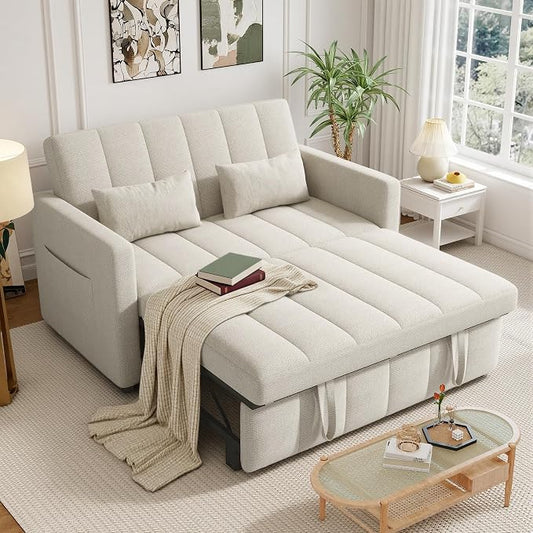 Nebuaegis Sleeper Sofa Bed,3-in-1 Convertible Pull Out Couch with Adjustable Backrest for Living Room,Loveseat Sofa Bed with Side Pockets,Easy Assembly,Beige,1 PCS