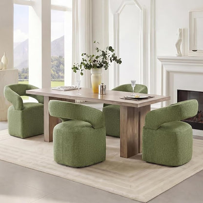 KISLOT Upholstered Dining Chairs Set of 1, Modern Arm Kitchen & Dining Room Chairs with Hidden Casters, Linen Fabric Padded Rolling Chairs, Sturdy Wood Frame, 300 lbs Capacity, Moss Green