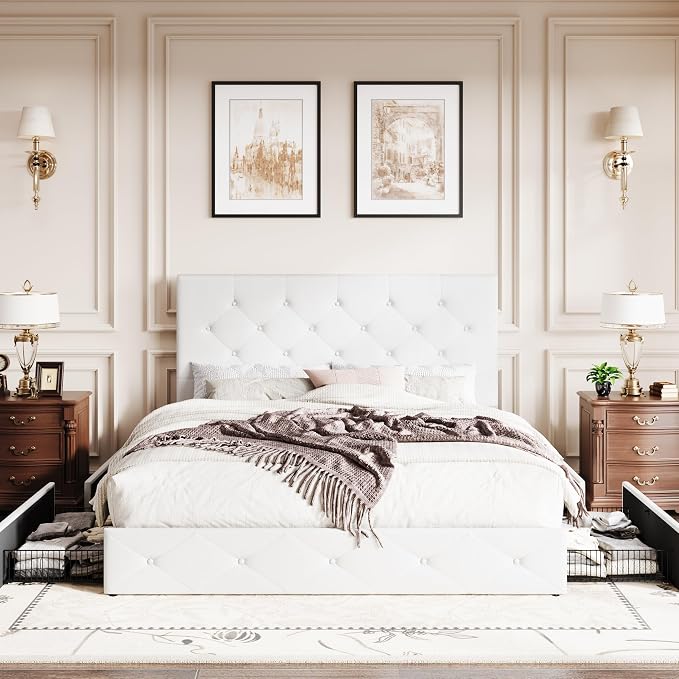 SHA CERLIN Upholstered Queen Platform Storage Bed Frame with 4 Drawers, Adjustable Headboard with Faux Leather Diamond Button Tufted Design, Wooden Slat Support, No Box Spring Needed, White