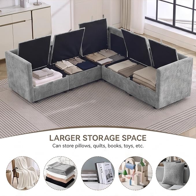 80" Light Grey Modular Storage Sofa, V Shaped Chenille Cloud Couch | Oversized Convertible Sectional Sofa, 5-Seat Sectional Couch With Armrests, Large Cloud Couch For Living Room, Apartment.