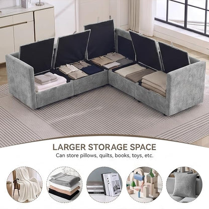80" Light Grey Modular Storage Sofa, V Shaped Chenille Cloud Couch | Oversized Convertible Sectional Sofa, 5-Seat Sectional Couch With Armrests, Large Cloud Couch For Living Room, Apartment.