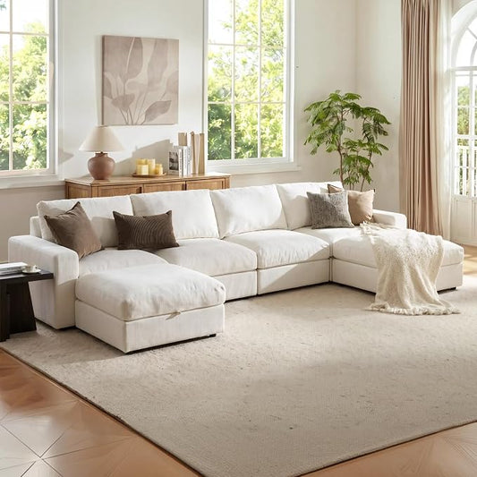 Cloud Couch Sectional 146.5'' Oversized Modular Deep Seat Sofa U Shaped Comfy White Cloud Couch with Washable Cover for Living Room 4 Seater with 2 Ottoman