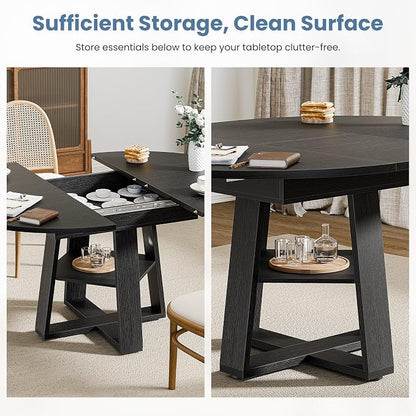 DUMOS Extendable Round Dining Table for 4-6, Modern Kitchen Oval Dinner Table with Storage Shelf, Wood Pedestal Base, Space Saving Modern Style, Black