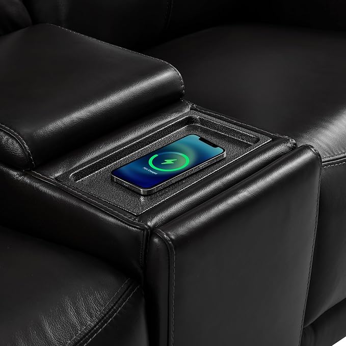 Watson & Whitely Genuine Leather Power Recliner Sofa, 3 Seater Wall Hugger Reclining Sofas with Storage Console, Power Headrest, USB, Electric Recliner Couch Set for Living Room, Black