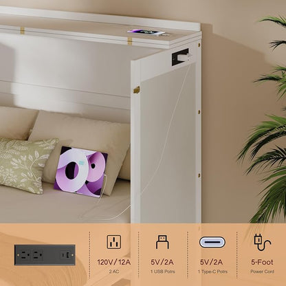 Bellemave Queen Size Murphy Bed with Charging Station and Storage, Farmhouse Murphy bedframe with Foldable Panel, Noisy Free, for Guest Bedroom, Living Room, White