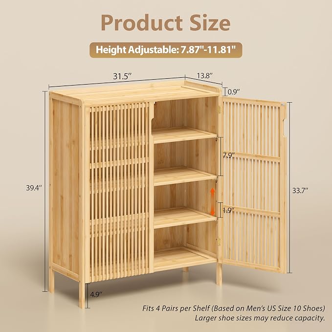 Shoe Cabinet with Doors Bamboo 5 Tiers Shoe Storage Cabinet for Entryway, 25 Pairs Wooden Shoe Cabinets, Modern Shoe Organizer Storage for Living Room, Bedroom, Hallway, Closet Nature
