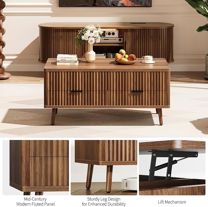Lift Top Coffee Table with Storage - Fluted Wood Coffee Tables for Living Room with Drawers & Hidden Compartment, Mid Century Modern Square Large Center Table for Home Office Reception Walnut
