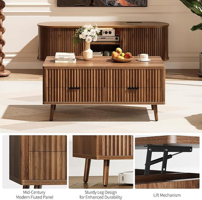 Lift Top Coffee Table with Storage - Fluted Wood Coffee Tables for Living Room with Drawers & Hidden Compartment, Mid Century Modern Square Large Center Table for Home Office Reception Walnut