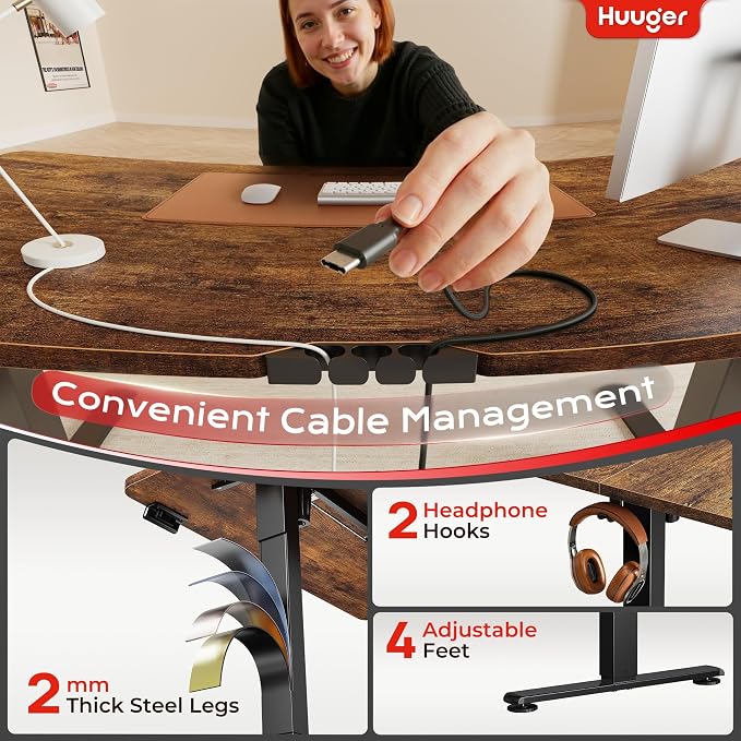 Huuger Electric Standing Desk with Power Outlets and USB-C Port, 39 X 24 Inch Height Adjustable Desk, Sit Stand Desk for Home Office, Computer & Gaming Desk with 4 Presets, Rustic Brown