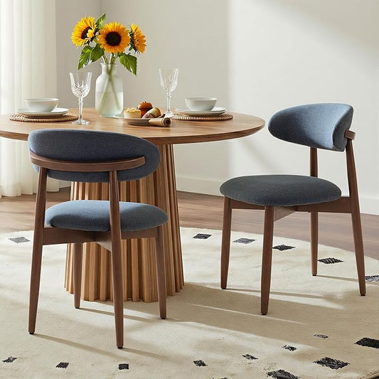 COLAMY Mid-Century Modern Wooden Dining Chair Set of 2, Indoor Upholstered Kitchen Chairs with 2.6" Cozy Padded Seat, Walnut Finish Side Dining Chair, [Blue]
